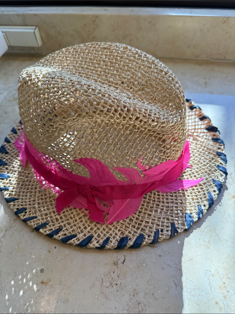 Lola Straw Fedora Hat with Hot Pink Ribbon & Feathers